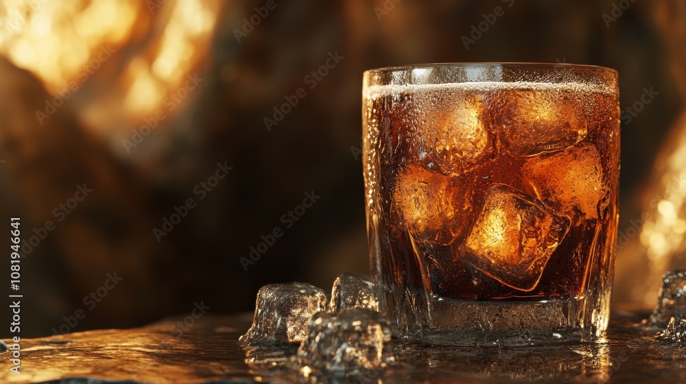 Poster A Refreshing Glass of Cold Beverage with Ice Cubes on a Stone Surface with Warm Backlight Creating an Inviting Atmosphere for Enjoyment