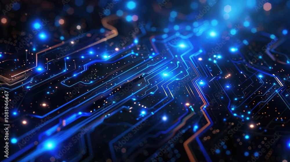 Poster neon blue circuit lines on a dark abstract background