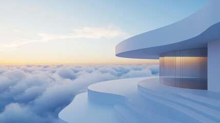 Surreal 3D architecture with minimal white shapes and a sweeping view of clouds