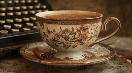 A vintage teacup filled with a warm beverage, adorned with cinnamon stick and cocoa powder, resting next to an antique typewriter on a rustic surface.