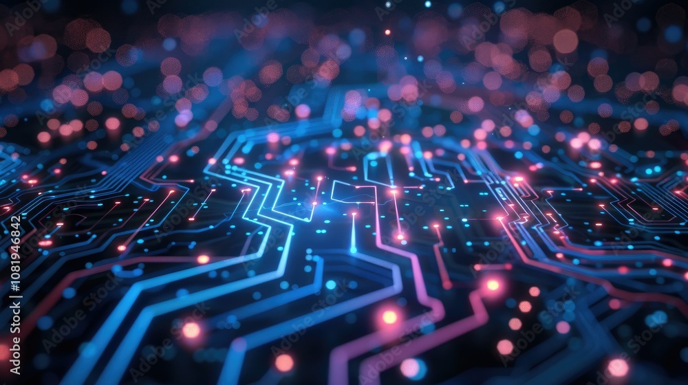 Poster neon blue circuit lines on a dark abstract background