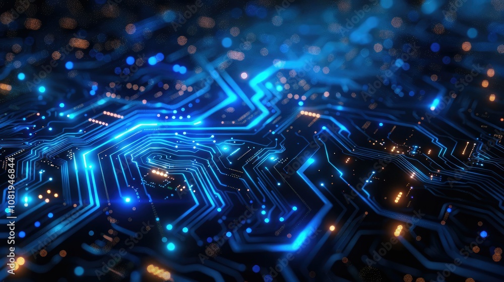 Poster neon blue circuit lines on a dark abstract background