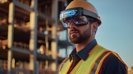 Fototapeta premium Advanced wearable tech utilization by construction worker job site portrait urban environment professional innovation