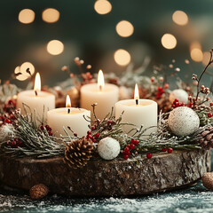 Traditional Advent Wreath with White Candles and Holiday Decor