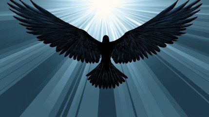 Naklejka premium A silhouetted bird with long wings soaring against a radiant light backdrop, capturing a moment of freedom and grace in flight
