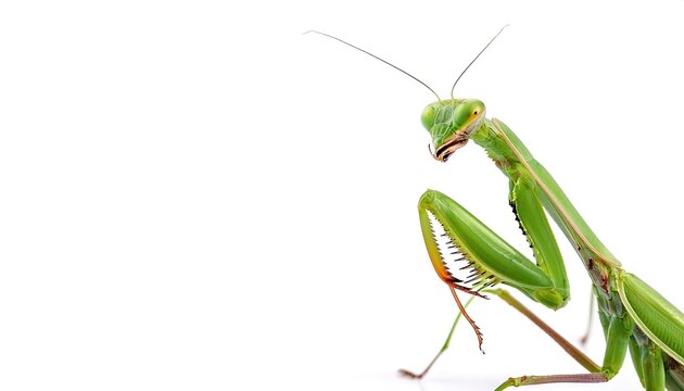 green preying or praying mantis have triangular heads with bulging eyes supported on flexible necks and enlarged forearms that are adapted for catching and gripping prey. isolated on white background