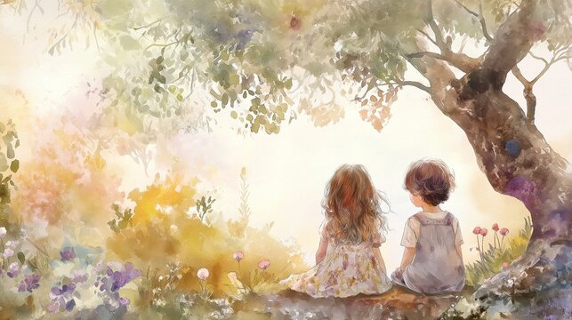 cute cartoon watercolor painting illustration of a little girl and boy sitting together under  tree shade, happy summer holiday dreamy peaceful 