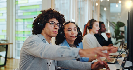 Call center, woman and man with computer for training, sales questions or customer service for...