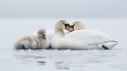 Obraz premium A serene moment with a pair of swans and their fluffy cygnet gliding peacefully on a tranquil lake at dawn