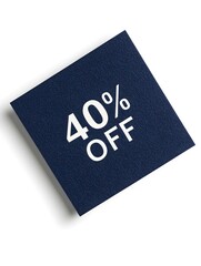 White '40% OFF' Text on a Navy Blue Square Paper Note. White Background 