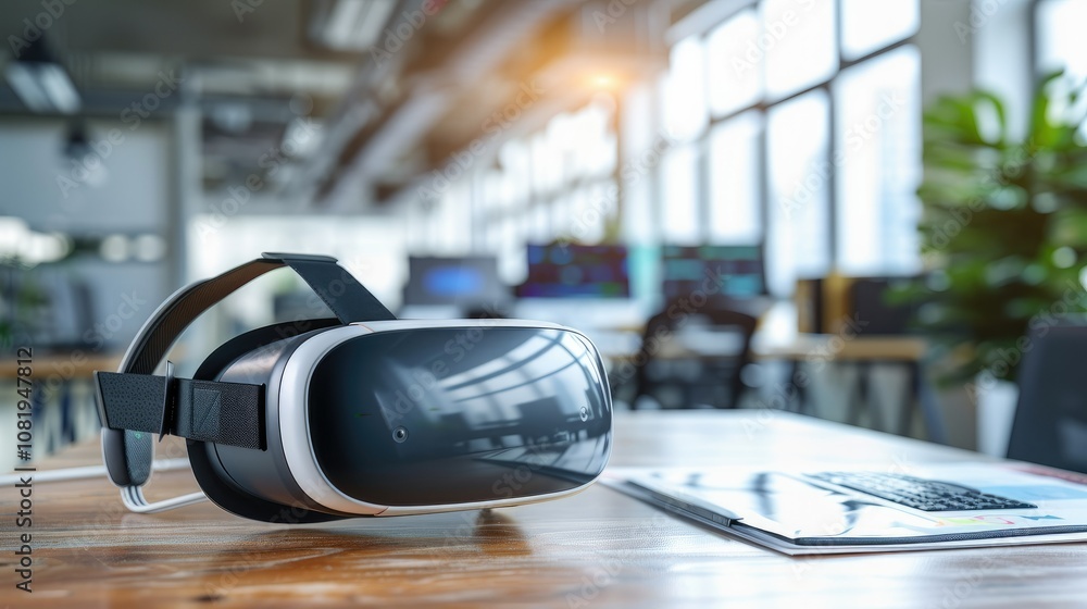 Poster modern office with virtual reality setup for training