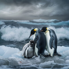 Fototapeta premium Penguins with Chick on Icy Shoreline Under Overcast Sky