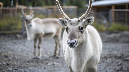 Reindeer grazing peacefully in a natural setting at a wildlife sanctuary during the early morning light