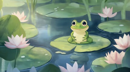 digital illustration style happy green flog in blue pond with lotus blossoming