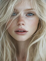 Naklejka premium 28-year-old woman with long flowing blonde hair, blue eyes, and a delicate scar on her face, cute and expressive
