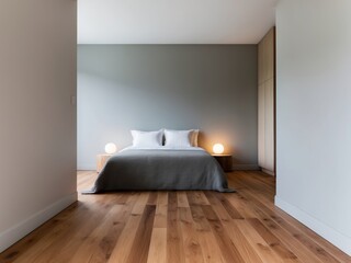 Cozy Bedroom with Wooden Floor and Gray Wall.