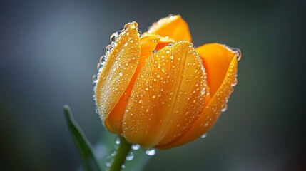 Close-Up of a Vibrant Yellow Tulip Blossom Covered in Sparkling Water Droplets with Soft Green Background, Perfect for Nature and Floral Enthusiasts