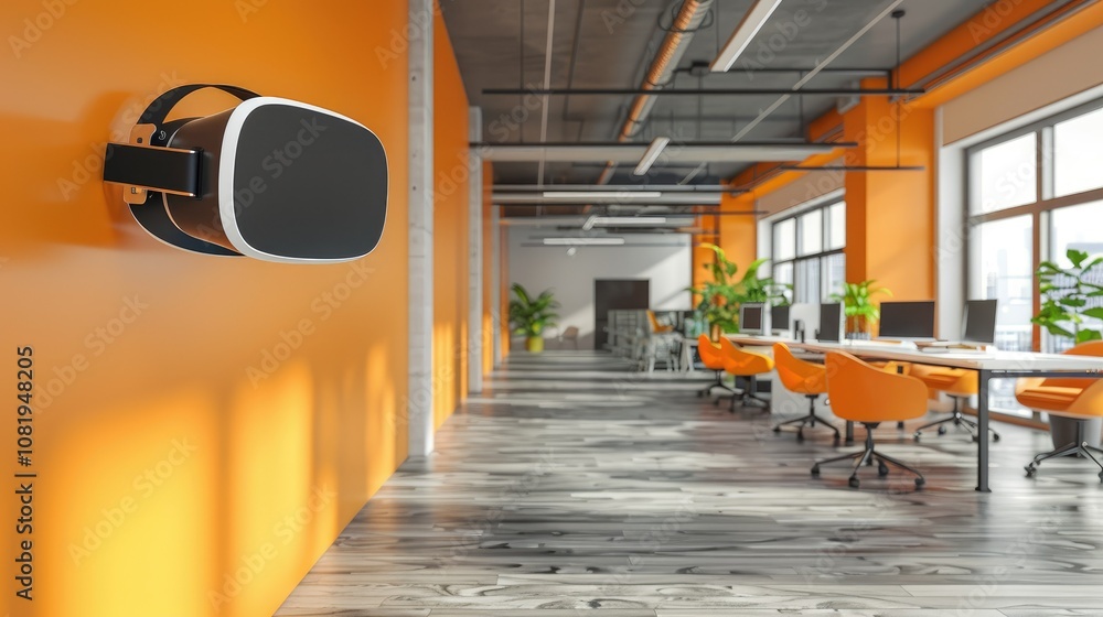 Poster modern office with virtual reality setup for training