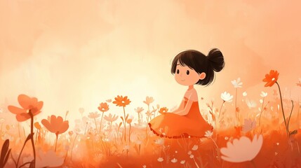 minimalist cartoon illustration, cute girl sitting in flower field 