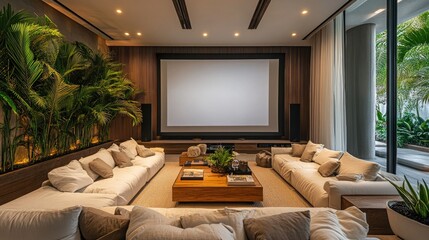 Fototapeta premium A chic living room with a spacious projection screen, complemented by cozy sofas and vibrant greenery, creating a perfect atmosphere for relaxation and entertainment, ideal for movie nights