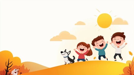 Fototapeta premium Levity and Laughter. Three joyful children play outside with a dog under a bright sun, surrounded by autumn trees and a warm, vibrant landscape.