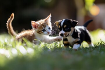 Obraz premium A cat and dog playing together in the grass