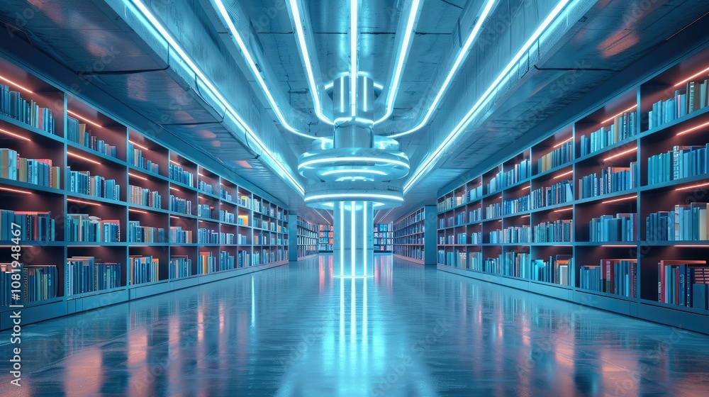 Poster modern library with digital book retrieval systems