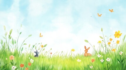 watercolor spring scene, grass with flowers and animals, 