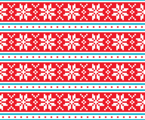 Christmas or winter vector seamless pattern with snowflakes, red and blue cross-stitch design. Non-AI generated
