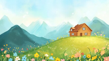 cute cartoon illustration whimsical scenery, a cozy wooden house on top of a mountain with flowers grass field and mountain ridge