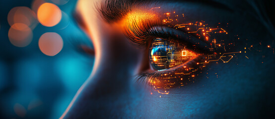 a woman's eye with digital circuitry glowing inside, against a blue and orange background, with a cinematic