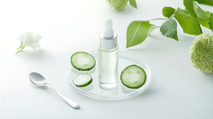 A roller bottle of under-eye serum resting on a clear glass plate, surrounded by cucumber slices and silver spoons, in a minimalist style with a clean background. Product photography with high