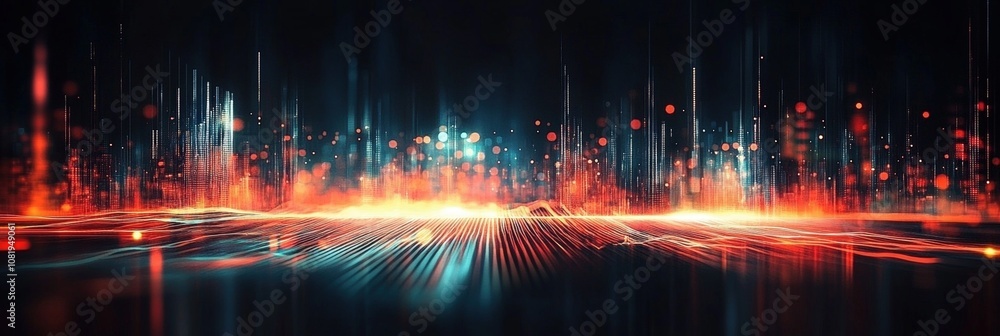 Wall mural abstract digital landscape with glowing lights and lines, representing technological advancement and