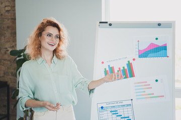 Portrait of young business woman talk show whiteboard presentation modern interior office indoors