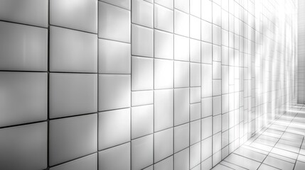 Obraz premium Monochromatic Tile Corridor: A Study in Light and Shadow