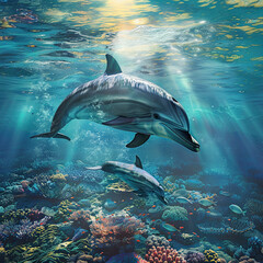 Fototapeta premium Dolphin Family Swimming Amid Coral Reefs in Tropical Waters
