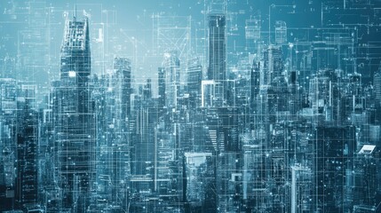 Fototapeta premium Futuristic cityscape with digital blueprints overlay