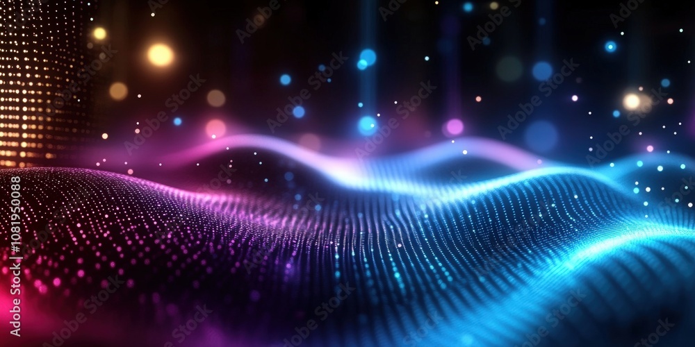 Poster colorful abstract waves with light particles creating a dynamic and enchanting visual experience in 