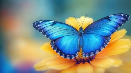 Fototapeta premium Vibrant Blue Morpho Butterfly on a Yellow Flower