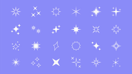 Set of outline star sparkle shapes with neon glow. Abstract shine effect vector icons in retro futuristic style. Twinkling stars, flashes, and bursts for creative design elements