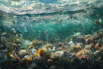 Fototapeta premium Underwater waste crisis ocean environmental photography coral reef aquatic viewpoint pollution awareness