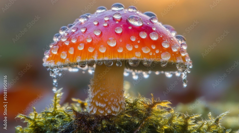 Poster vibrant red mushroom with dew drops on cap surrounded by green moss in a natural forest setting duri