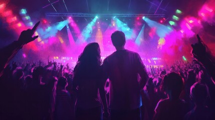 Chilean couple enjoying a concert, standing together in the center of a lively audience, with colorful stage lights and fans cheering