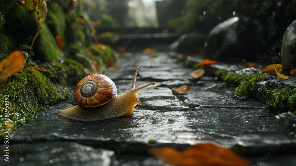 Poster close-up of a snail on a moss-covered stone path with autumn leaves in a tranquil natural setting, c