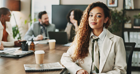 Leadership, meeting and portrait of woman employee in boardroom with colleagues for planning....