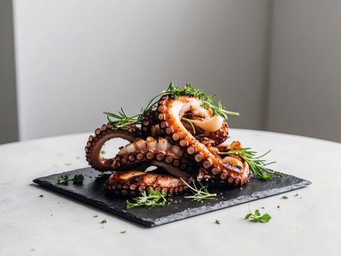 Grilled Octopus on Slate with Herbs and Garnish.