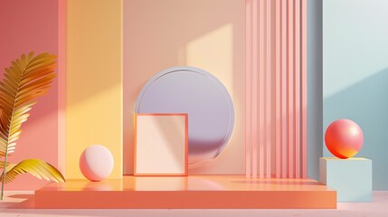 Minimalist geometric shapes spheres and architectural elements composed in a pastel toned abstract studio setting  Creative modern still life photography with a digital conceptual aesthetic