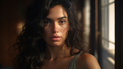 Beautiful Latina woman with captivating gaze in cinematic stock photo.