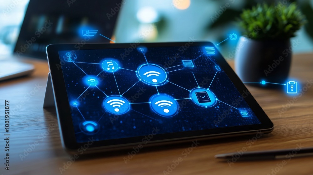 Poster innovative digital network concept on tablet screen with wi-fi signals, connected devices, and smart