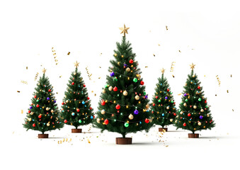 Fototapeta premium 3d Render illustration for a group of Christmas trees with gold confetti isolated on a white background Christmas New years greeting 2025